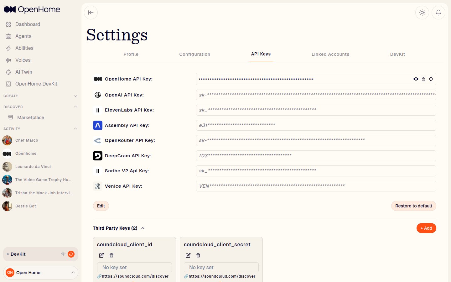 Settings: API Keys tab