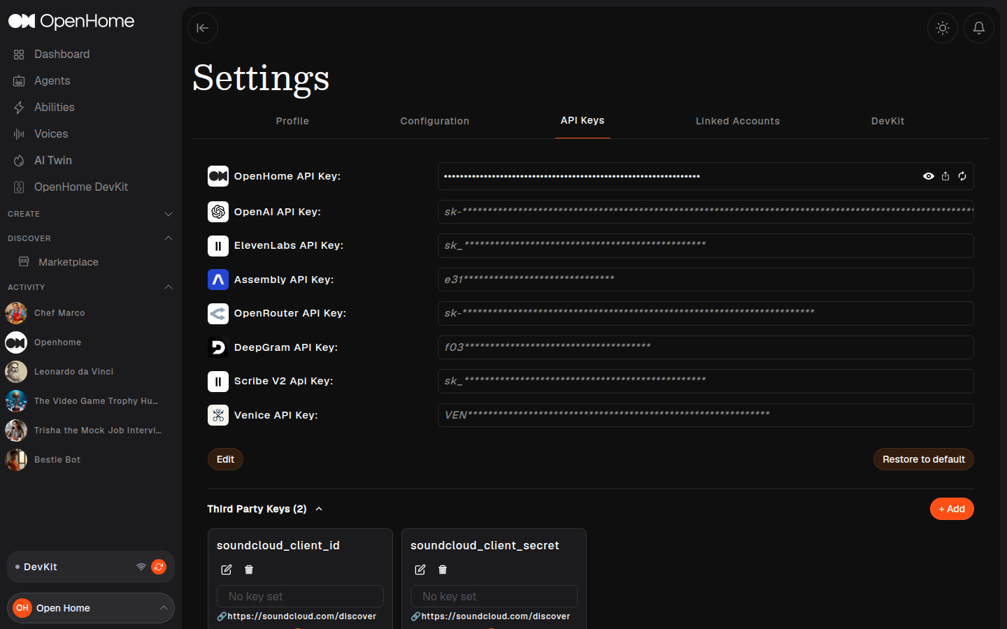 Settings: API Keys tab