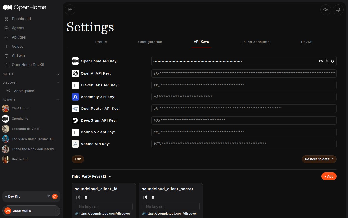 Settings: API Keys tab