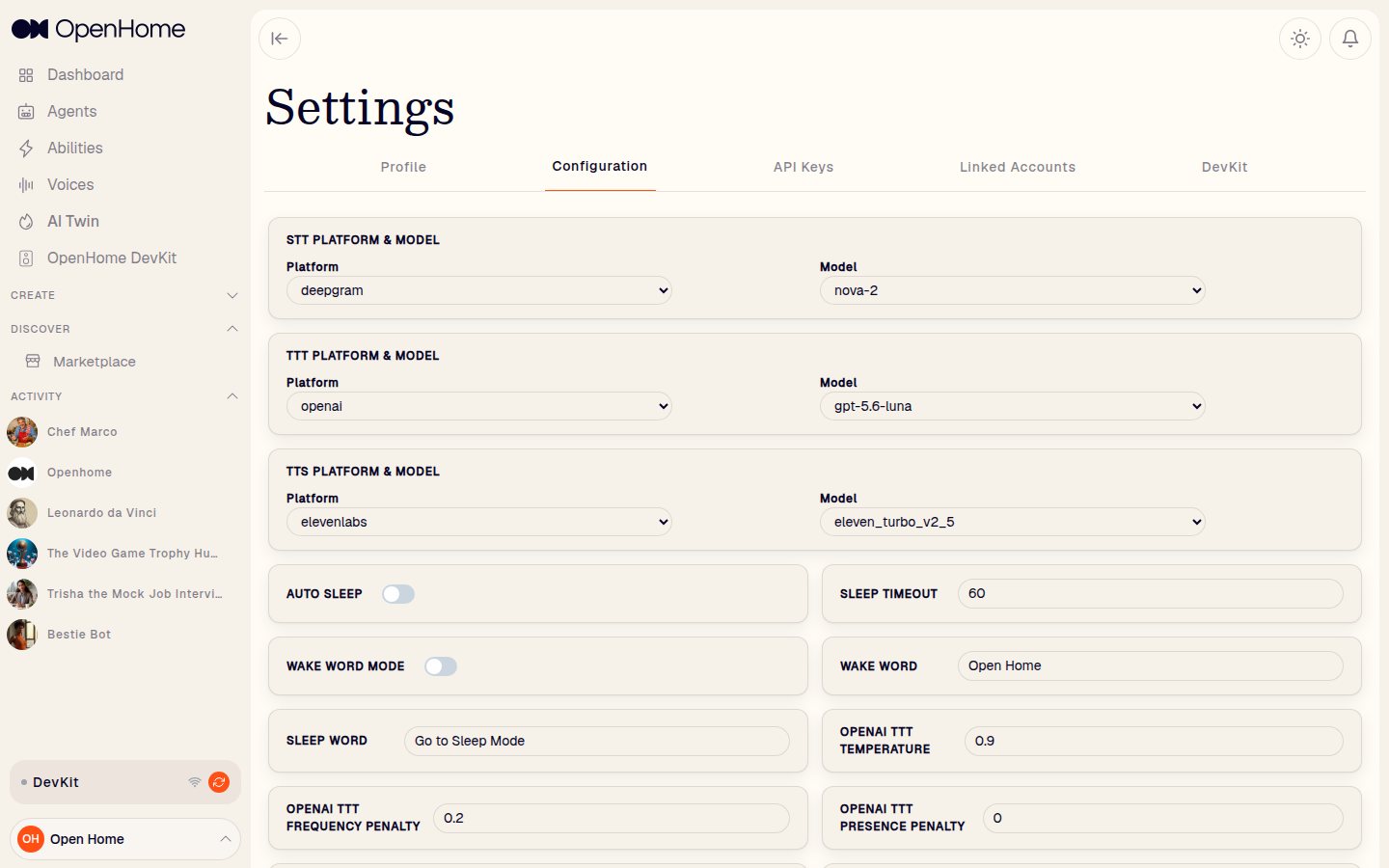 Settings Configuration tab with the STT, TTT, and TTS platform and model selectors