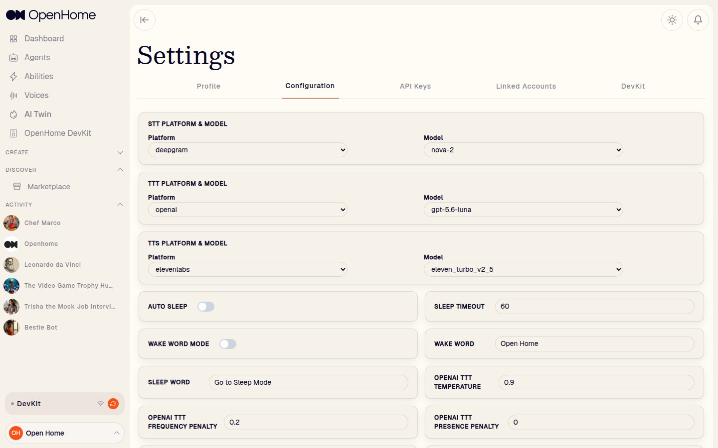 Settings Configuration tab with the STT, TTT, and TTS platform and model selectors