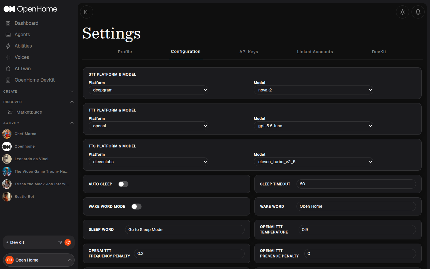 Settings Configuration tab with the STT, TTT, and TTS platform and model selectors