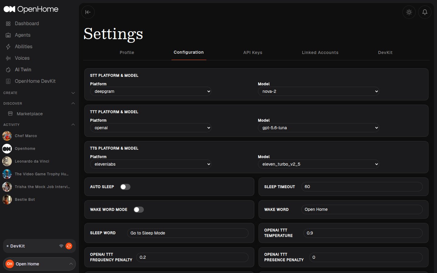 Settings Configuration tab with the STT, TTT, and TTS platform and model selectors