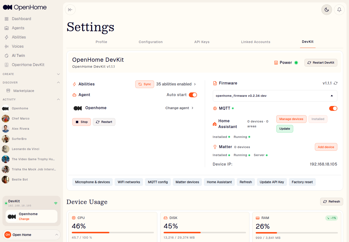 Settings: DevKit tab