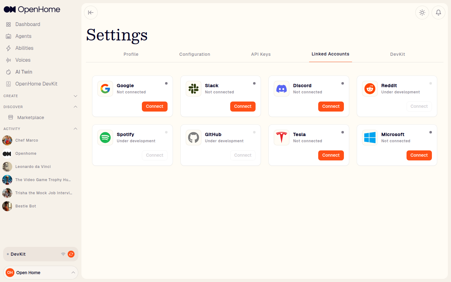 Settings: Linked Accounts tab