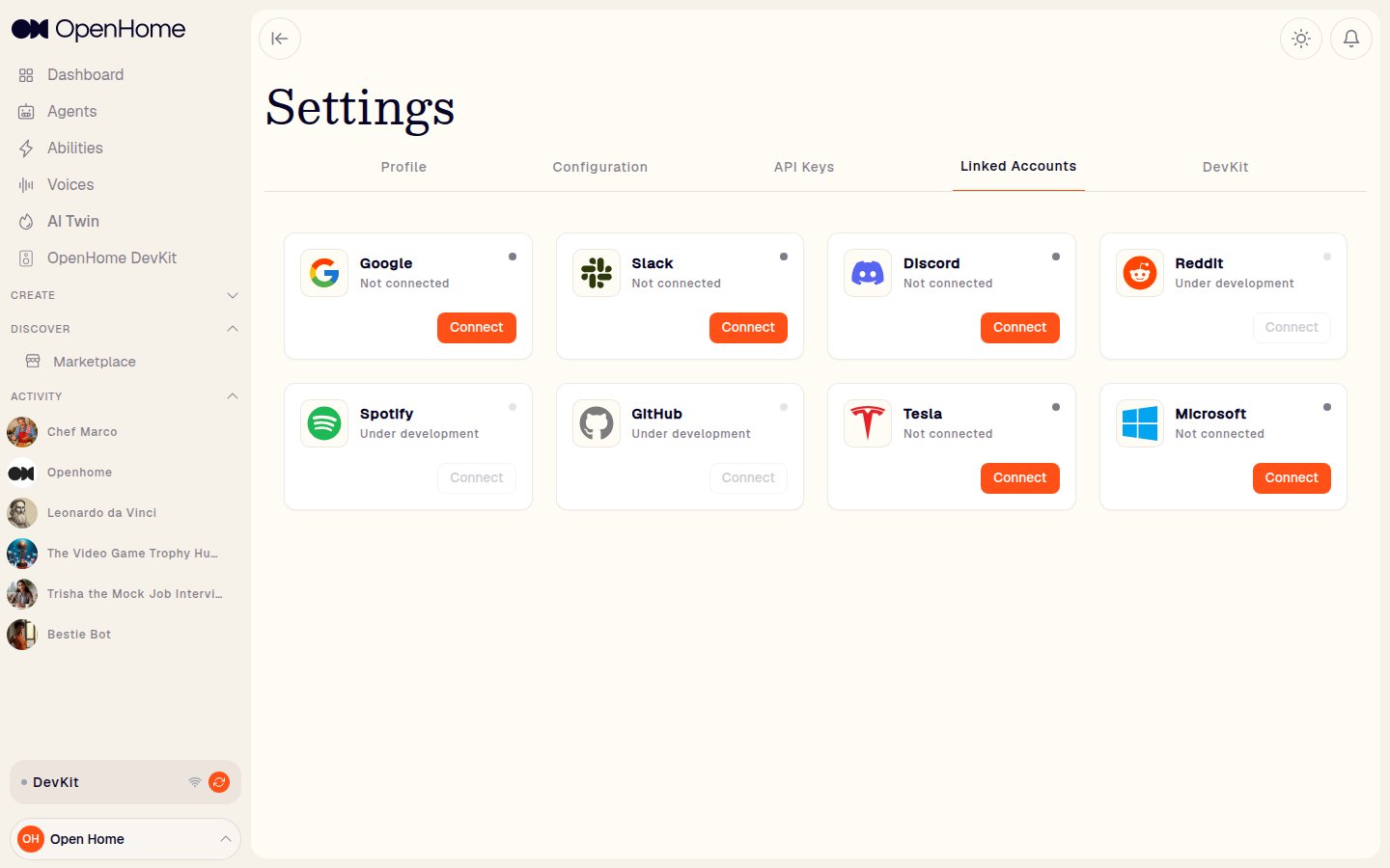 Settings: Linked Accounts tab