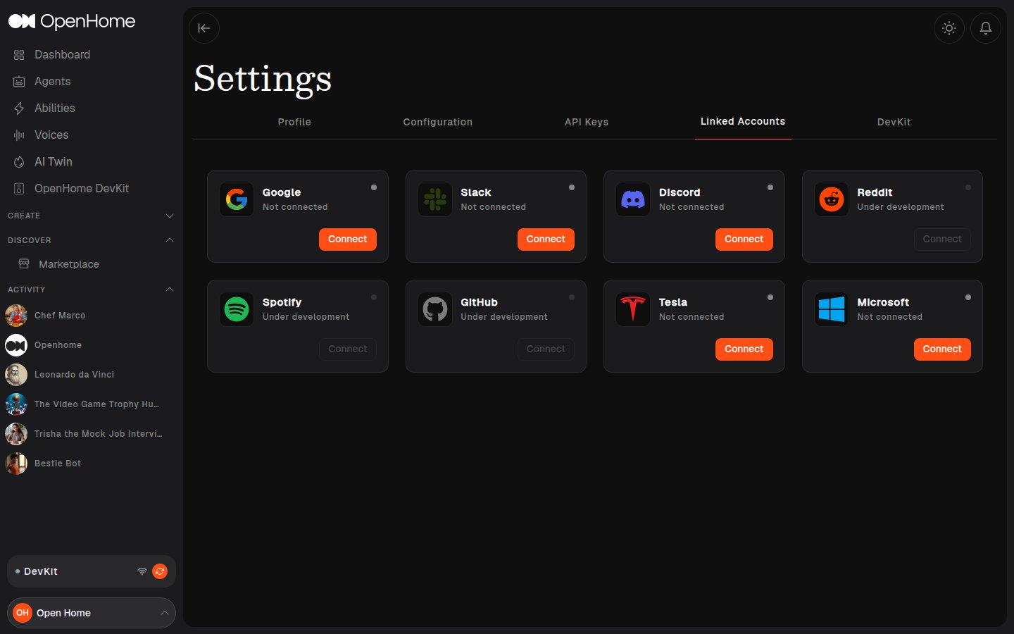 Settings: Linked Accounts tab