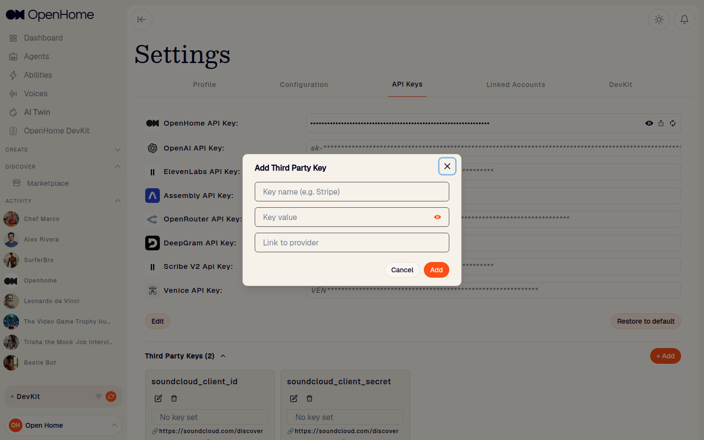 Add Third Party Key dialog with fields for key name, key value, and a link to the provider