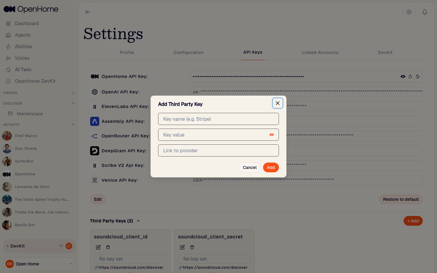 Add Third Party Key dialog with fields for key name, key value, and a link to the provider