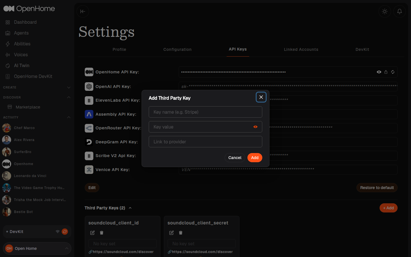 Add Third Party Key dialog with fields for key name, key value, and a link to the provider