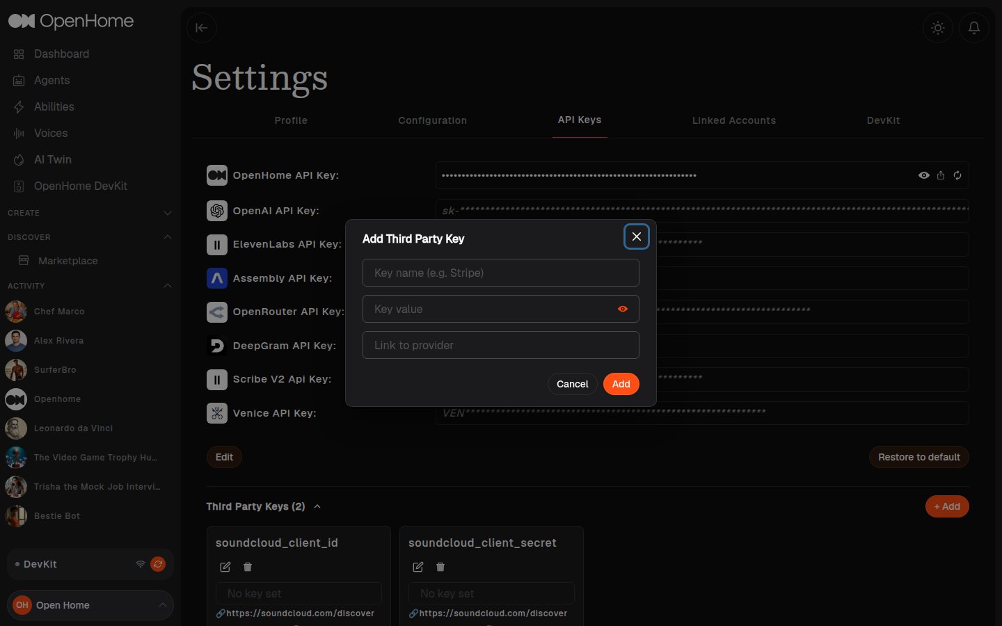 Add Third Party Key dialog with fields for key name, key value, and a link to the provider