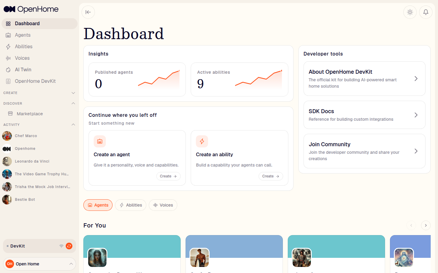 OpenHome dashboard with sidebar expanded