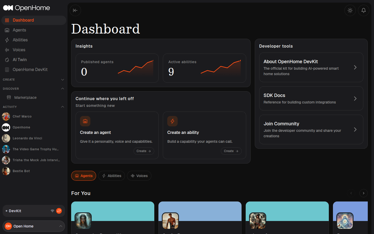OpenHome dashboard with sidebar expanded