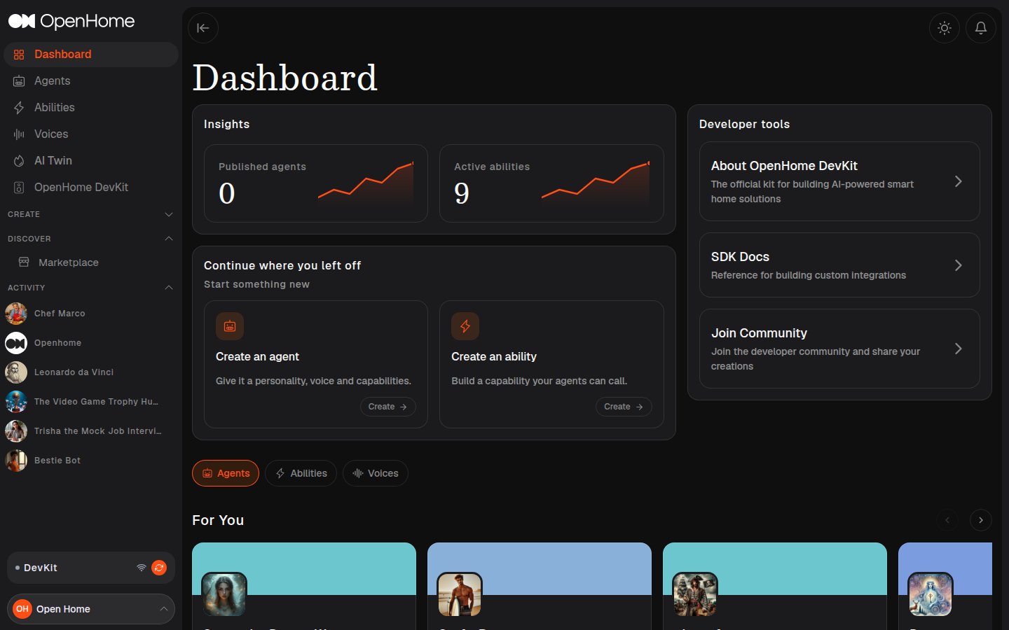 OpenHome dashboard with sidebar expanded