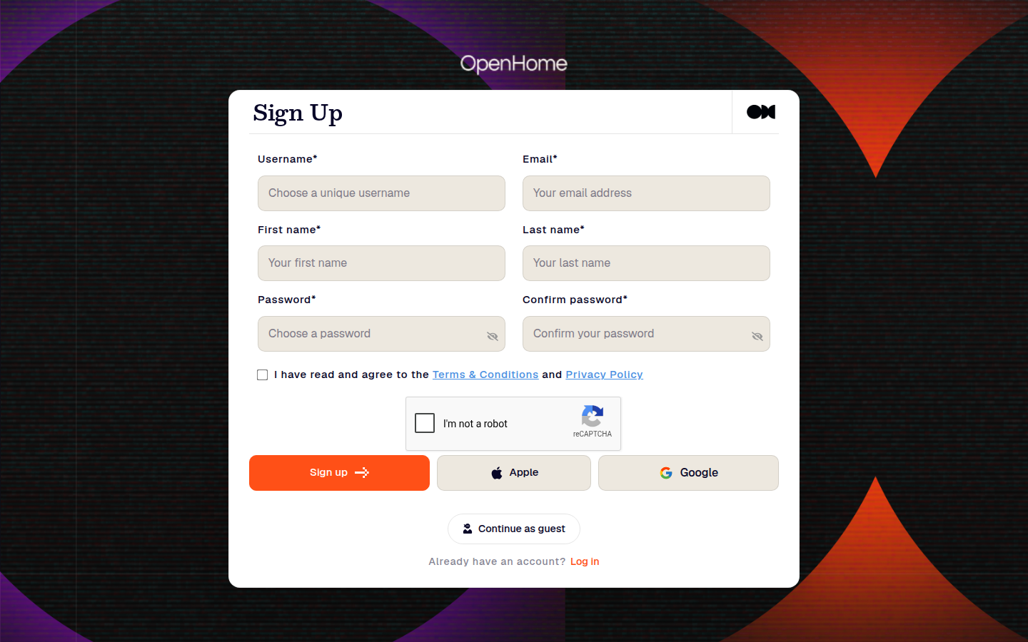 OpenHome sign-up screen