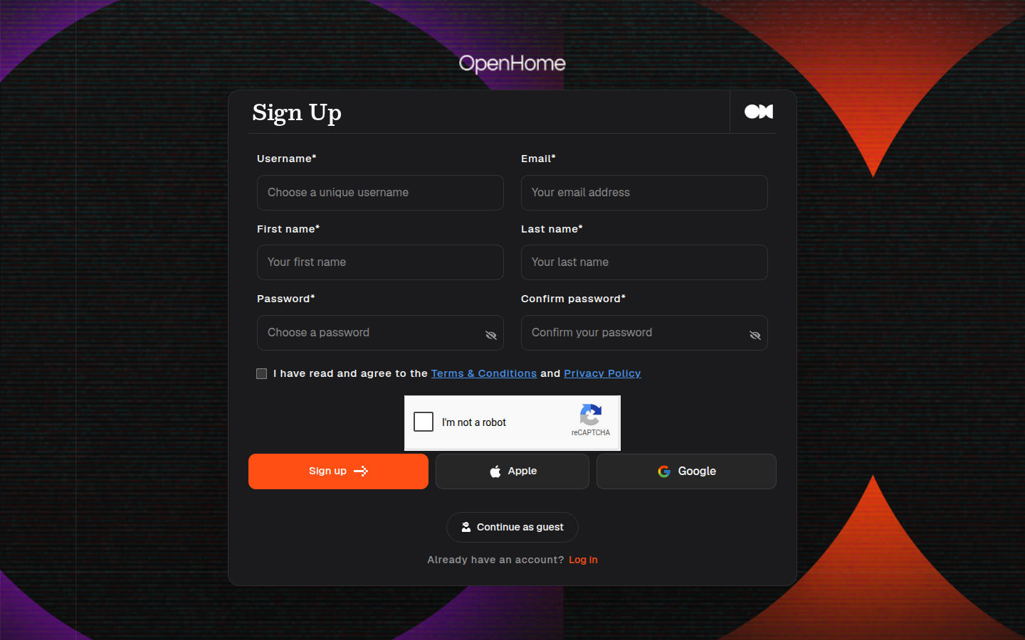 OpenHome sign-up screen
