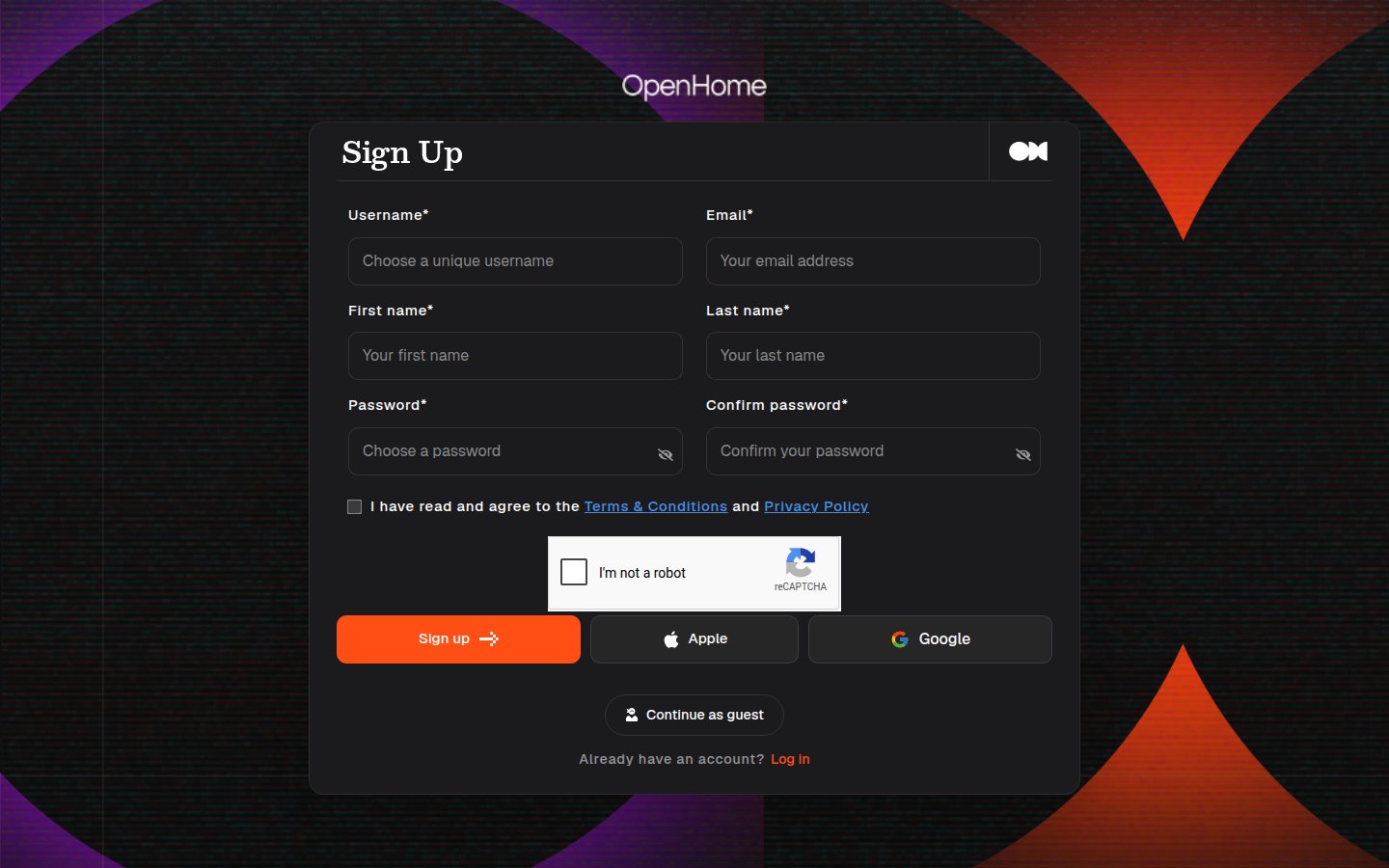 OpenHome sign-up screen