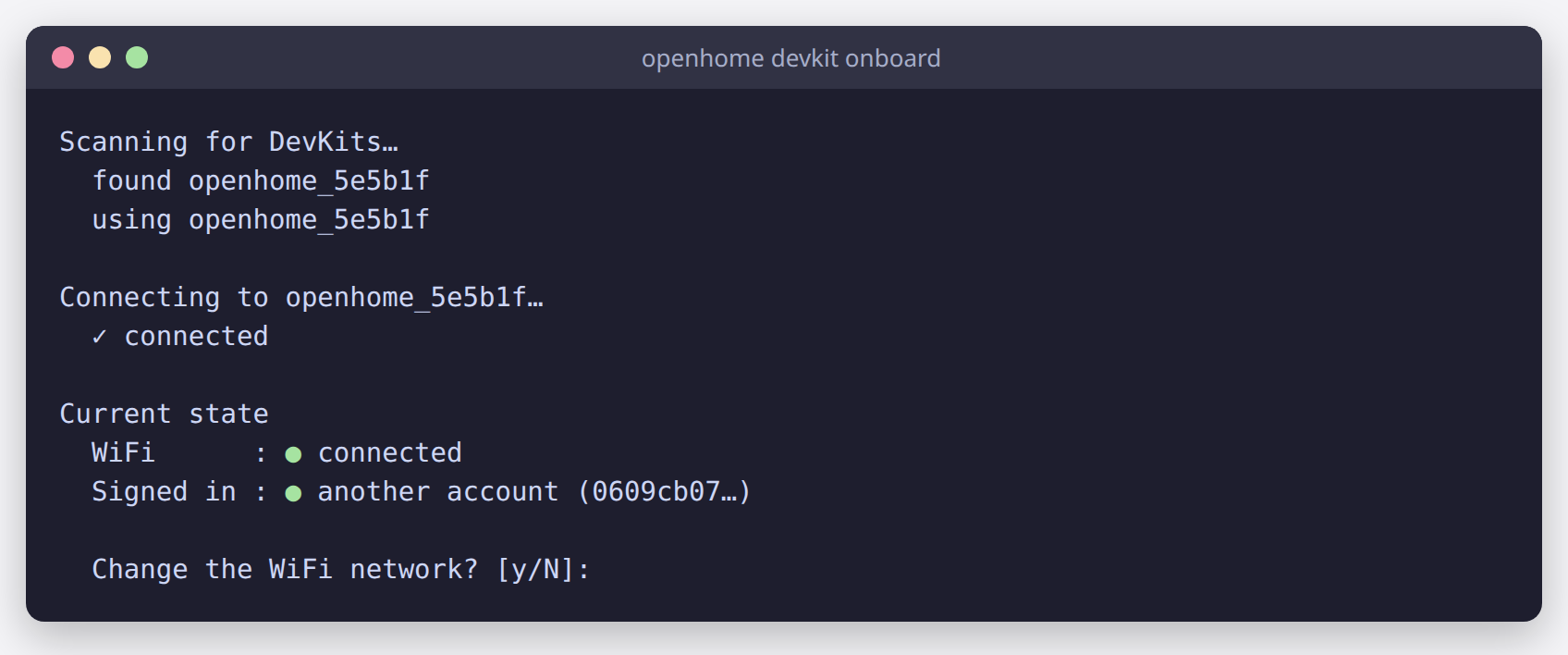 Current state showing Wi-Fi connected, the signed-in account, and the Change the WiFi network prompt