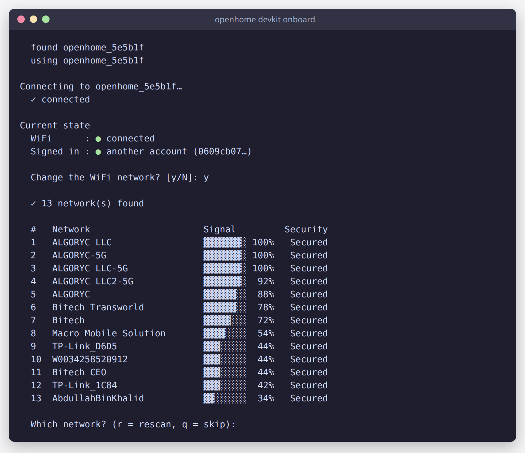 Numbered list of Wi-Fi networks with the Which network prompt