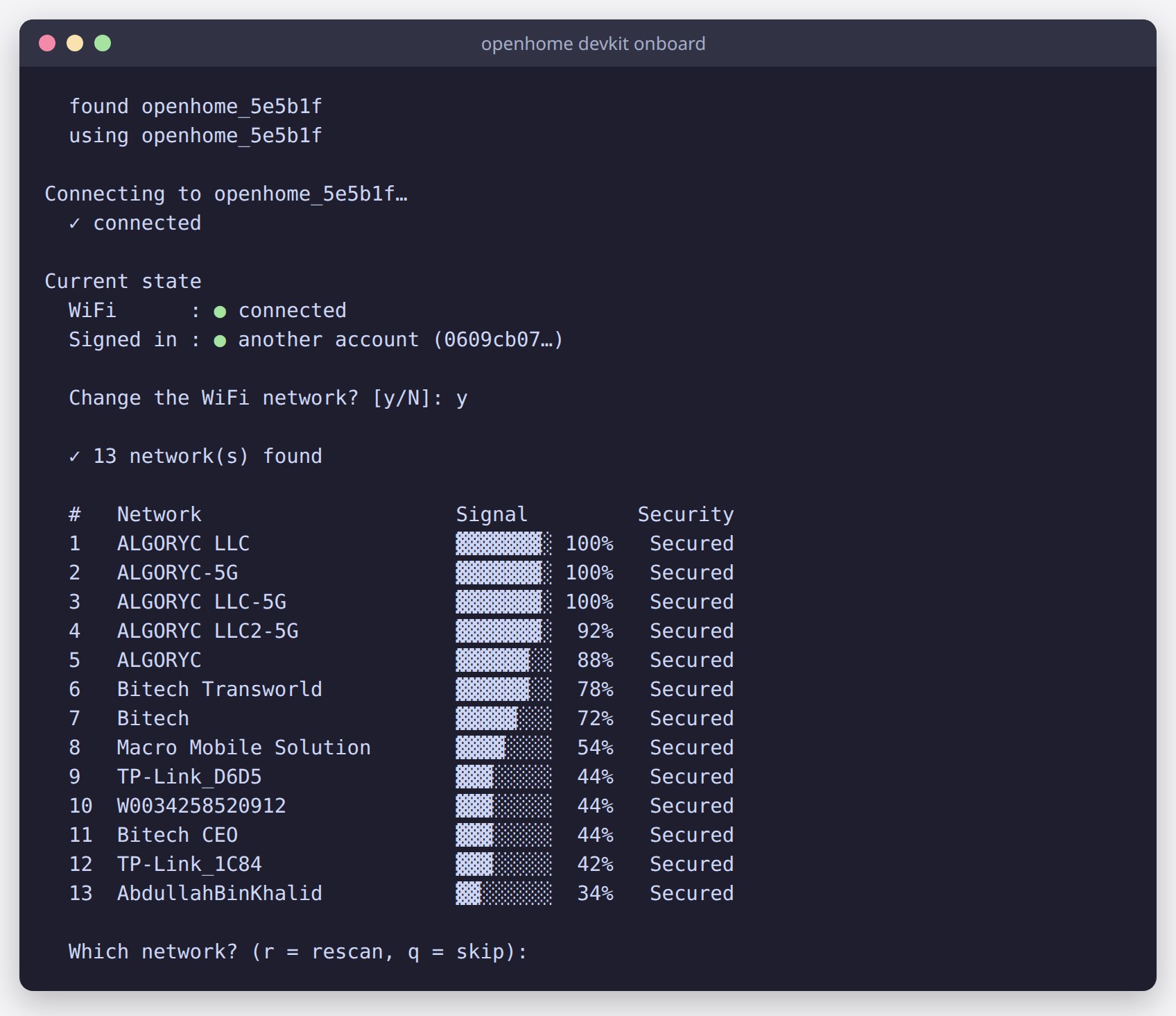 Numbered list of Wi-Fi networks with the Which network prompt