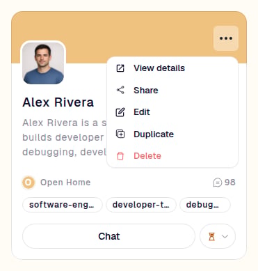 More actions menu open on an agent card, showing View details, Share, Edit, Duplicate, and Delete