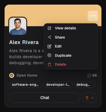 More actions menu open on an agent card, showing View details, Share, Edit, Duplicate, and Delete