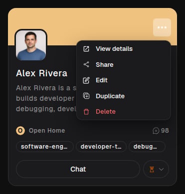 More actions menu open on an agent card, showing View details, Share, Edit, Duplicate, and Delete