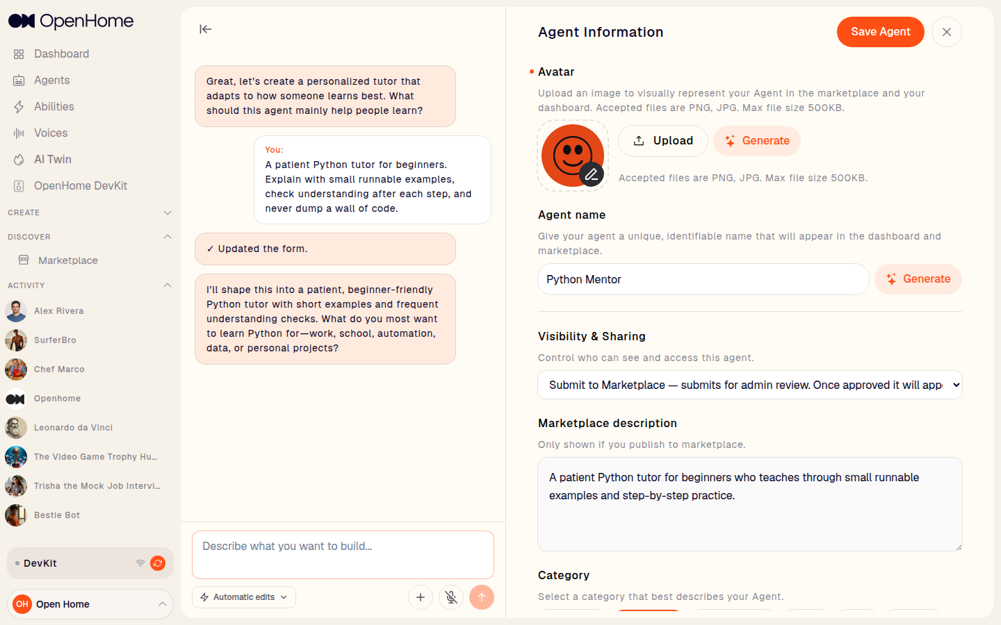 Agent Information section with avatar, name, visibility, marketplace description, and category