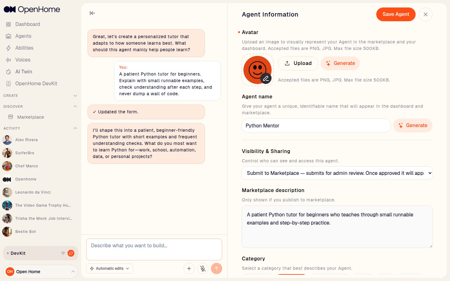 Agent Information section with avatar, name, visibility, marketplace description, and category