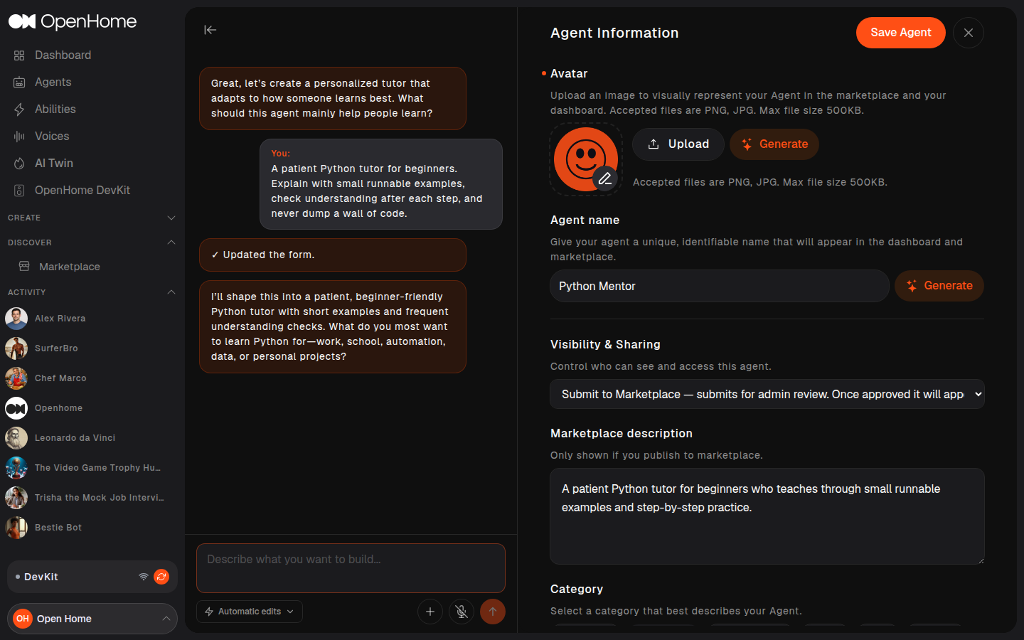 Agent Information section with avatar, name, visibility, marketplace description, and category