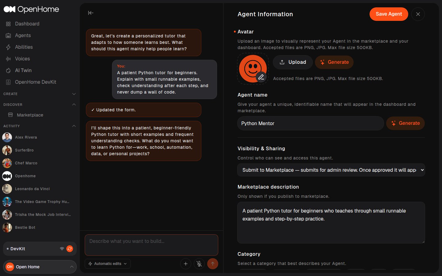Agent Information section with avatar, name, visibility, marketplace description, and category