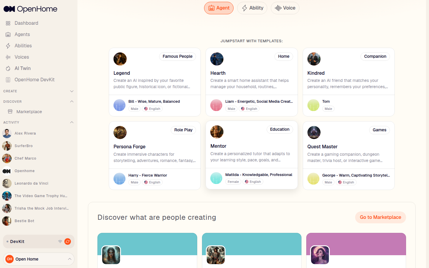Agent template cards grouped by category, each showing its persona and default voice