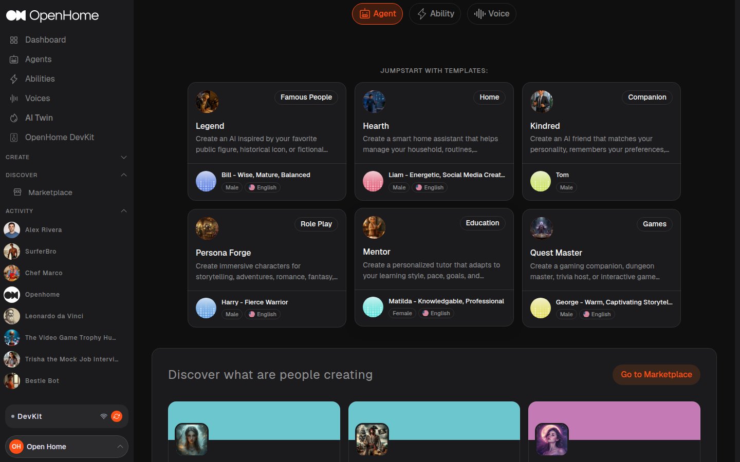 Agent template cards grouped by category, each showing its persona and default voice