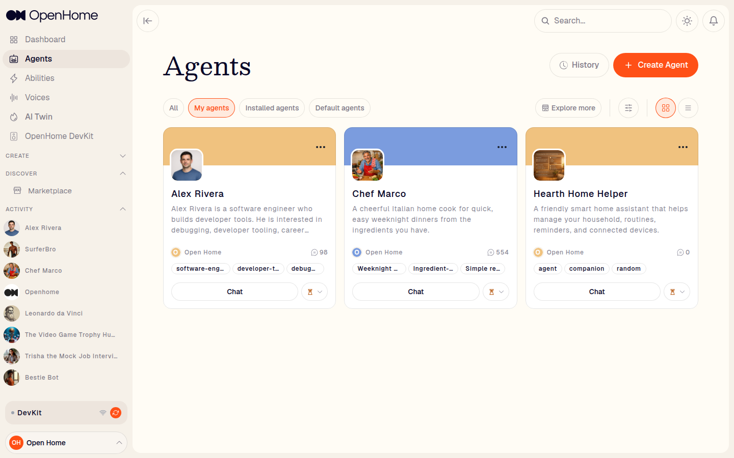 Agents page filtered to My agents, showing agent cards with Chat buttons