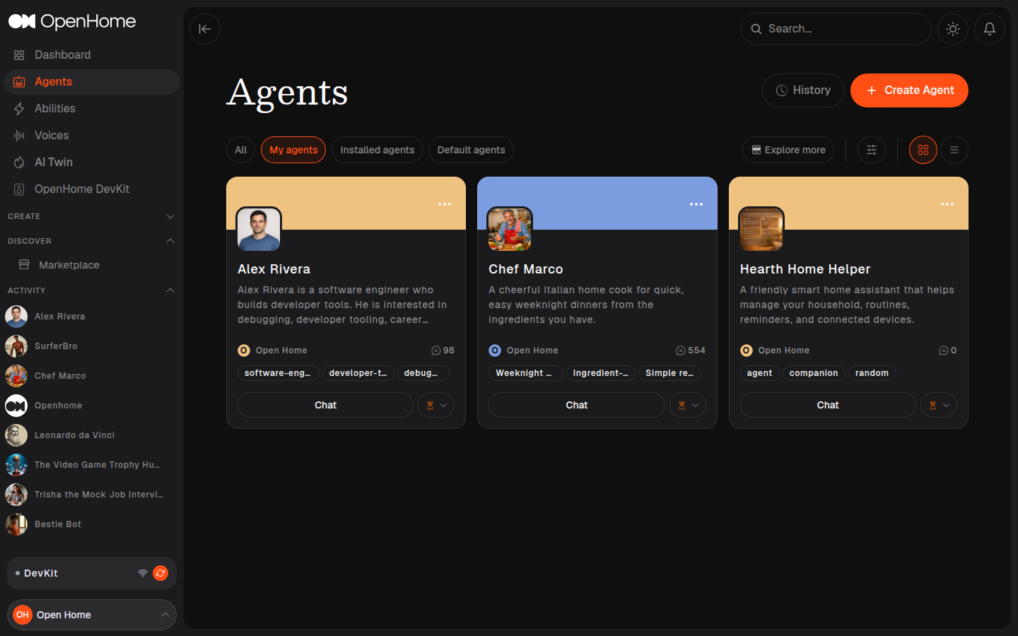Agents page filtered to My agents, showing agent cards with Chat buttons