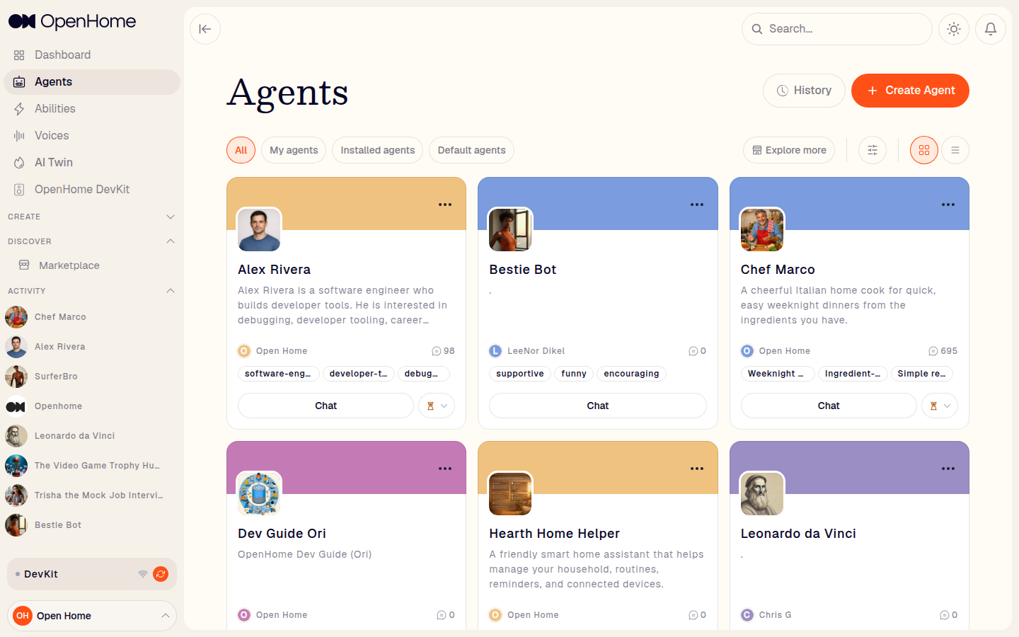 The Agents page showing everything on the account, built and installed