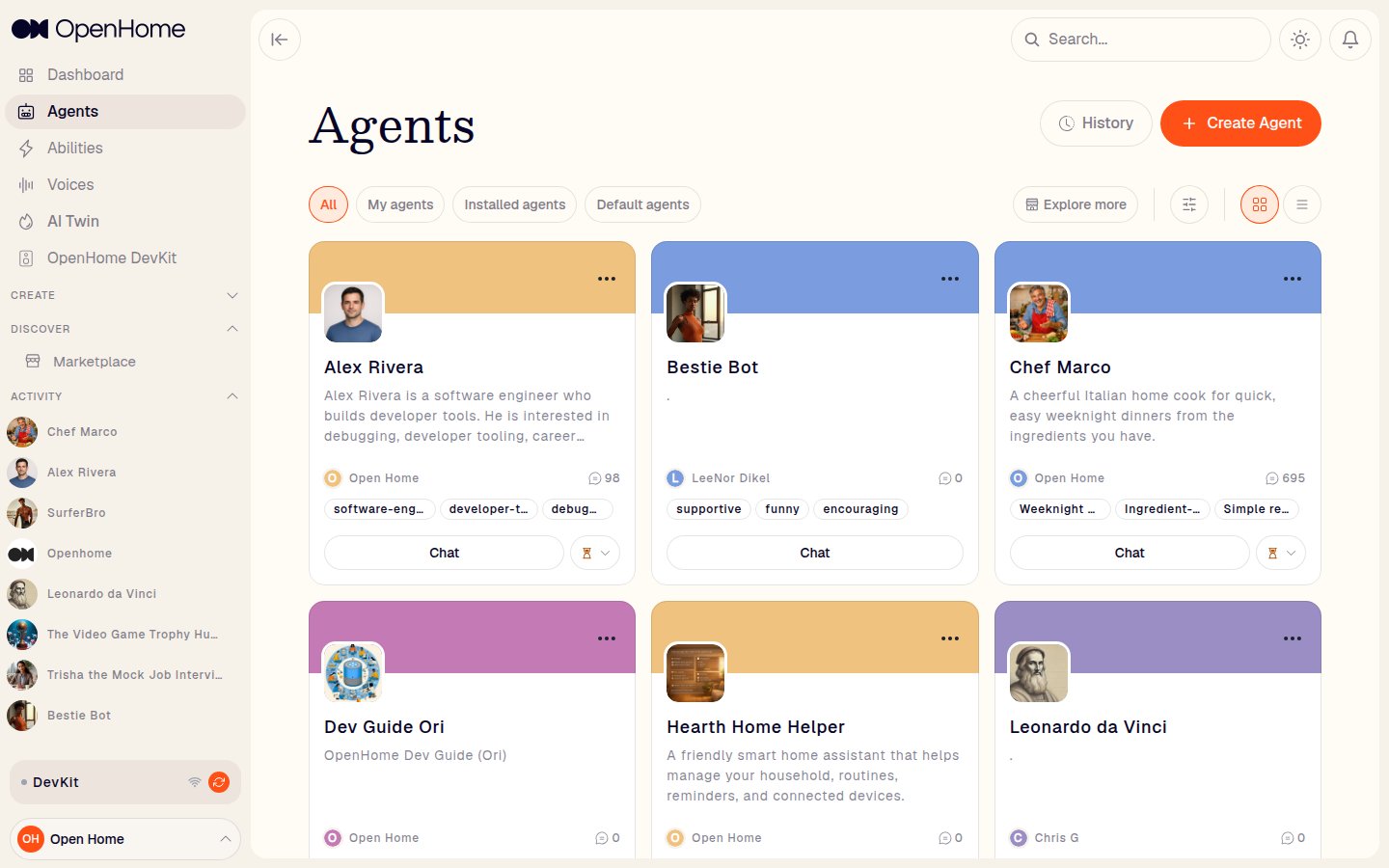 The Agents page showing everything on the account, built and installed