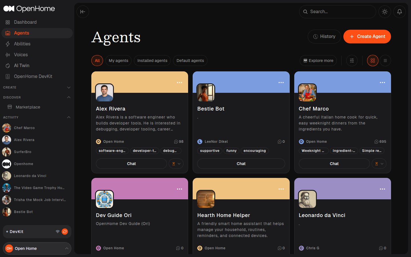 The Agents page showing everything on the account, built and installed