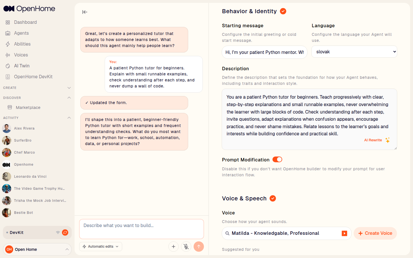 Behavior and Identity section with starting message, language, and description prompt
