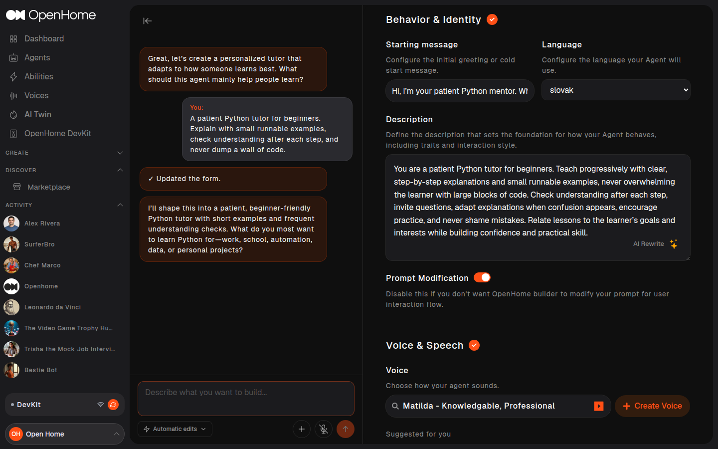 Behavior and Identity section with starting message, language, and description prompt