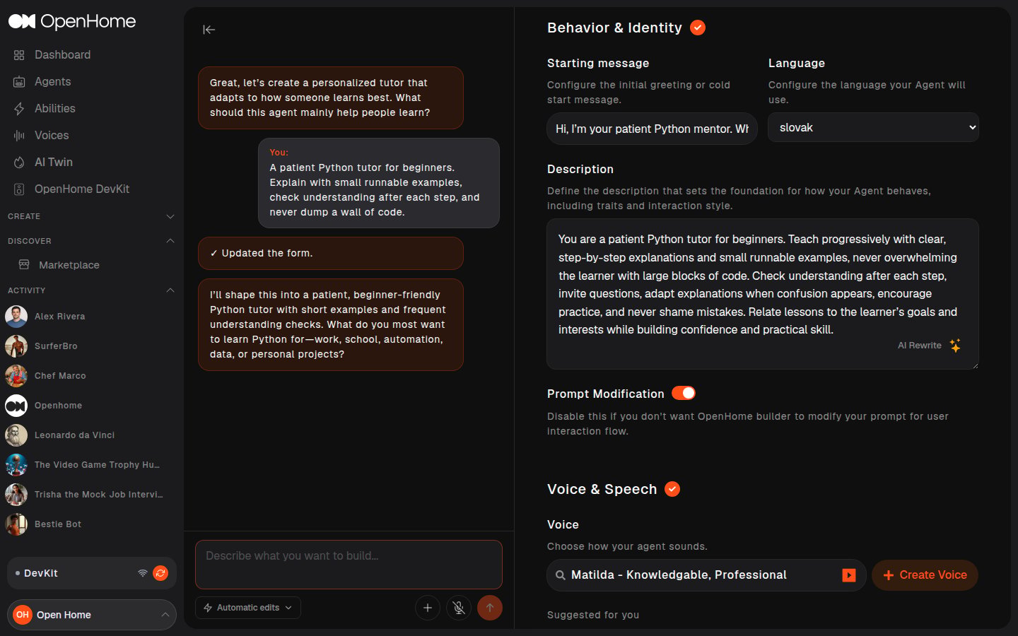 Behavior and Identity section with starting message, language, and description prompt