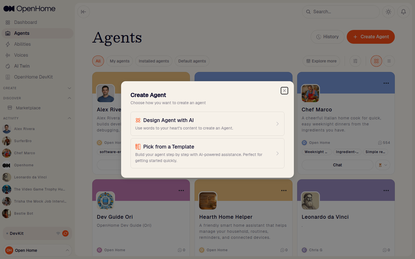 Create Agent dialog offering Design Agent with AI or Pick from a Template