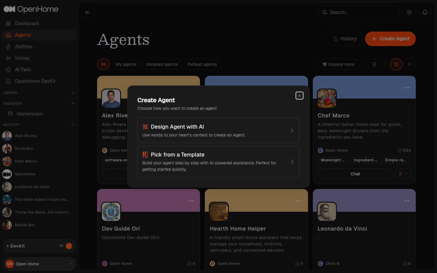 Create Agent dialog offering Design Agent with AI or Pick from a Template