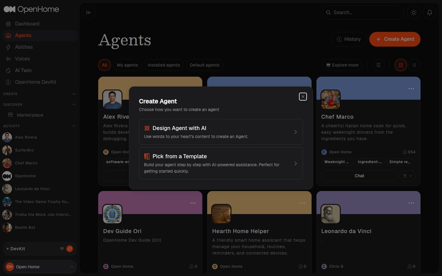 Create Agent dialog offering Design Agent with AI or Pick from a Template
