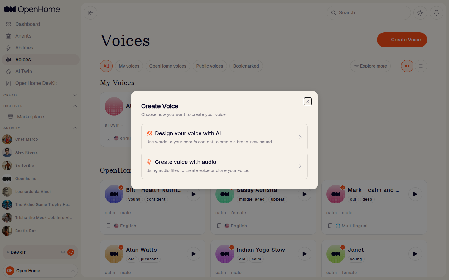 Create Voice dialog offering the available ways to build a voice