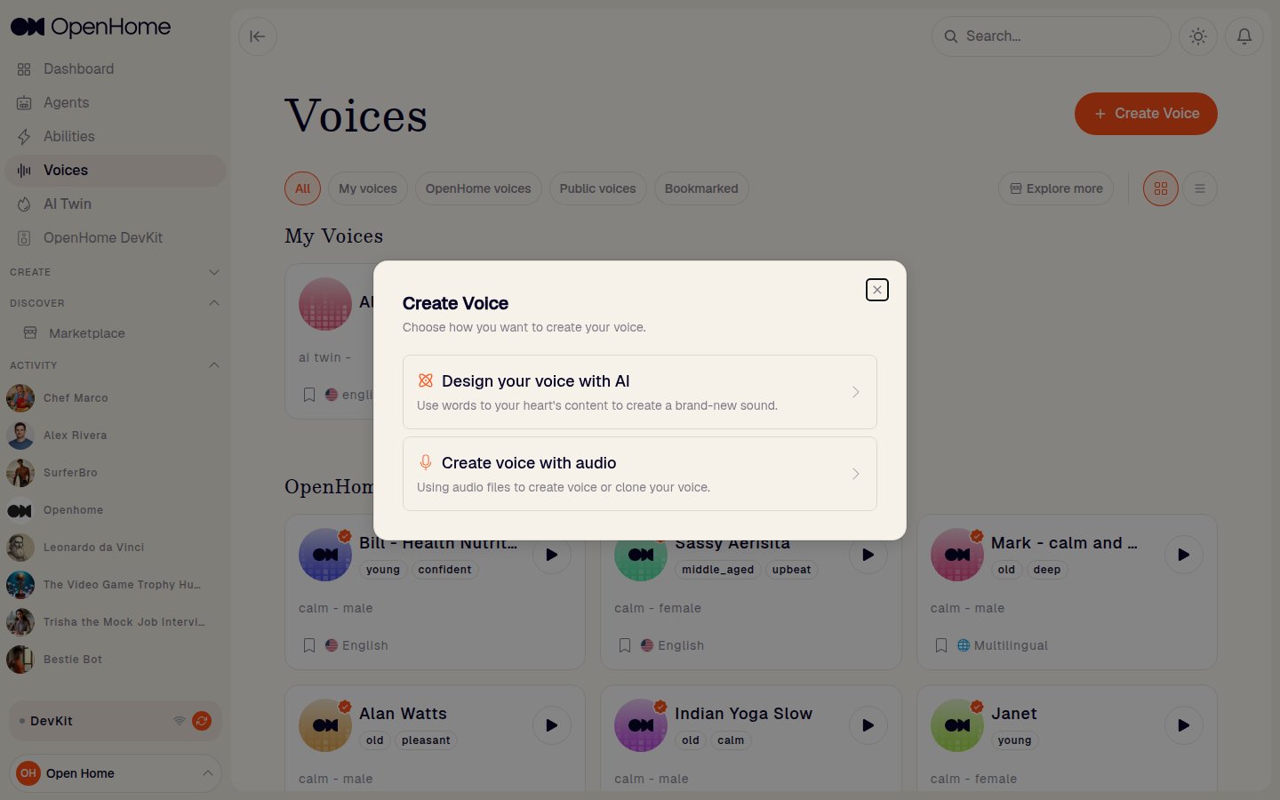 Create Voice dialog offering the available ways to build a voice