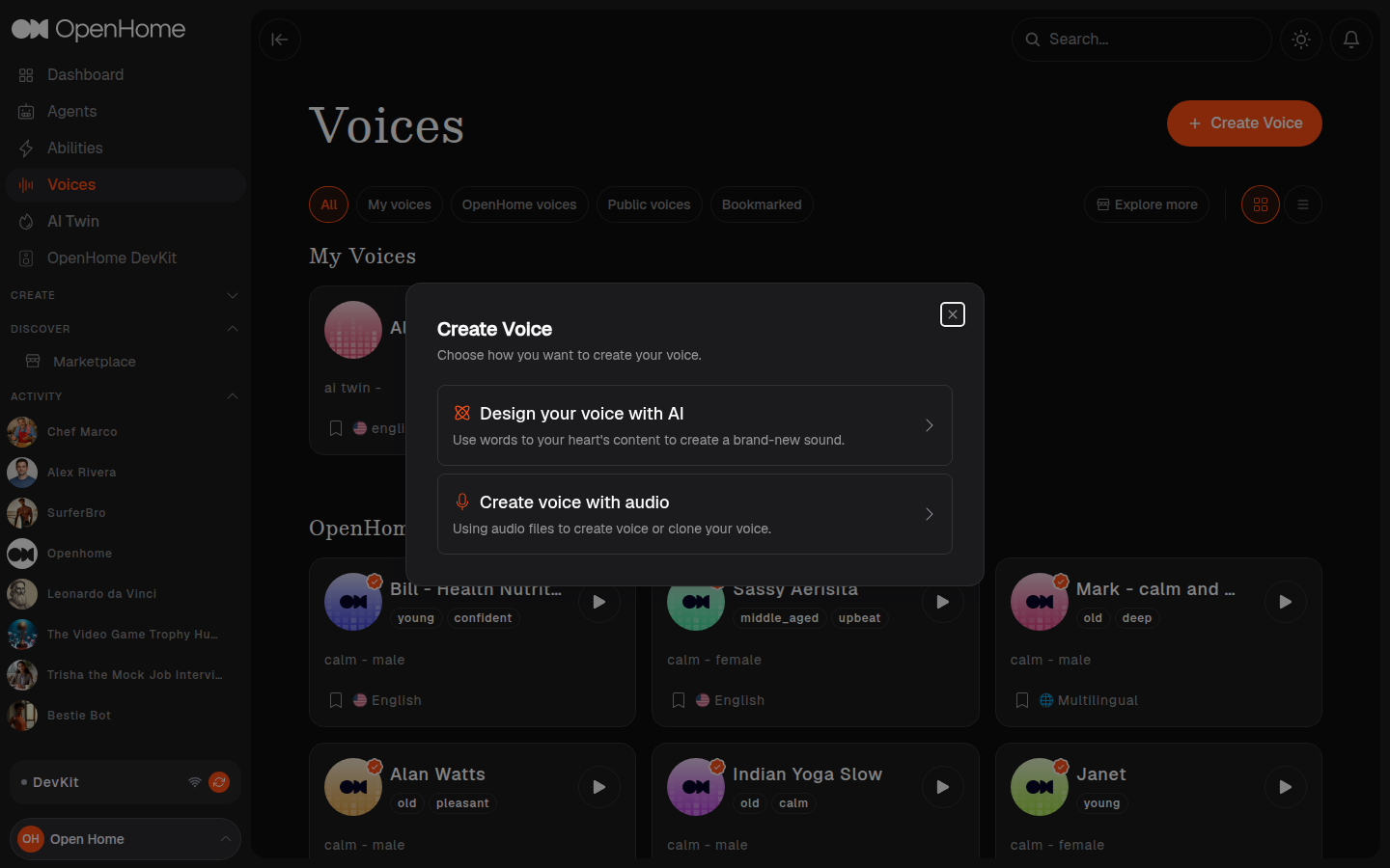 Create Voice dialog offering the available ways to build a voice