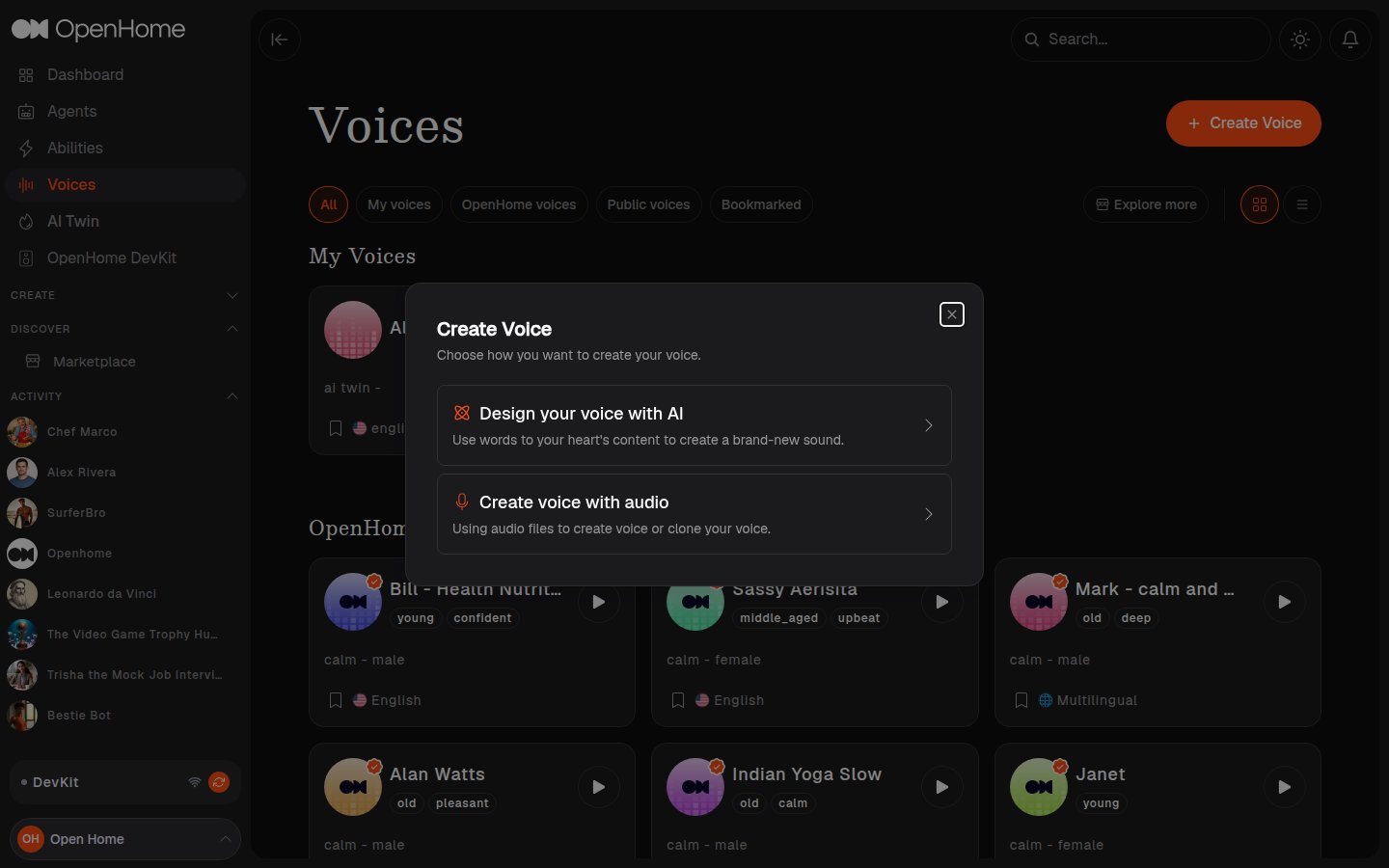 Create Voice dialog offering the available ways to build a voice