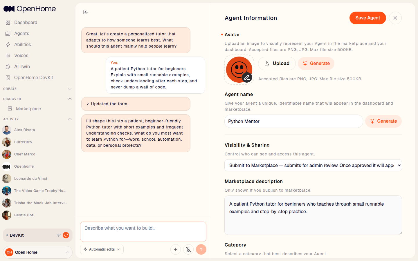 The Agent workspace with the AI builder conversation on the left and the generated form on the right