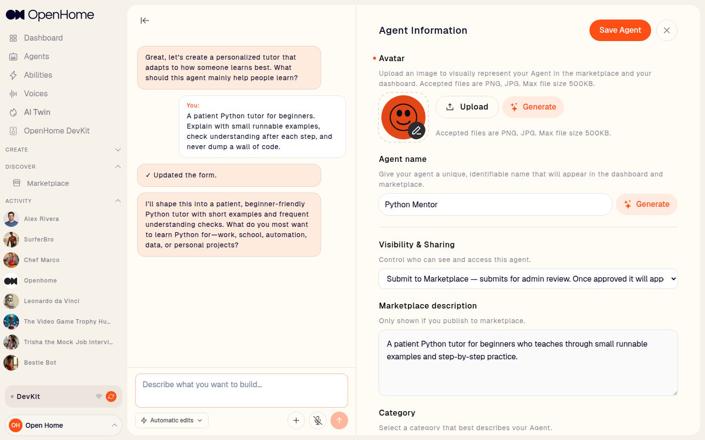 The Agent workspace with the AI builder conversation on the left and the generated form on the right